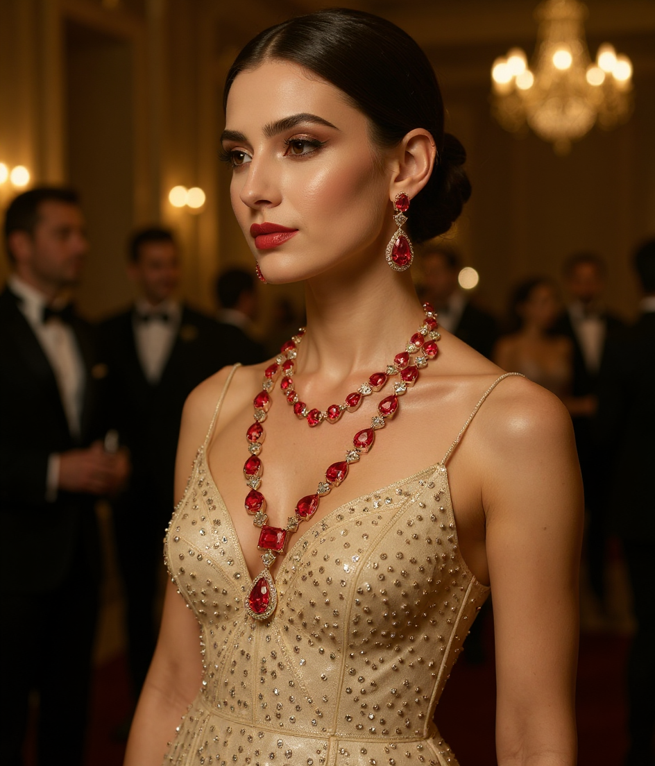 Elegant Red American Diamonds Necklace Set view 4