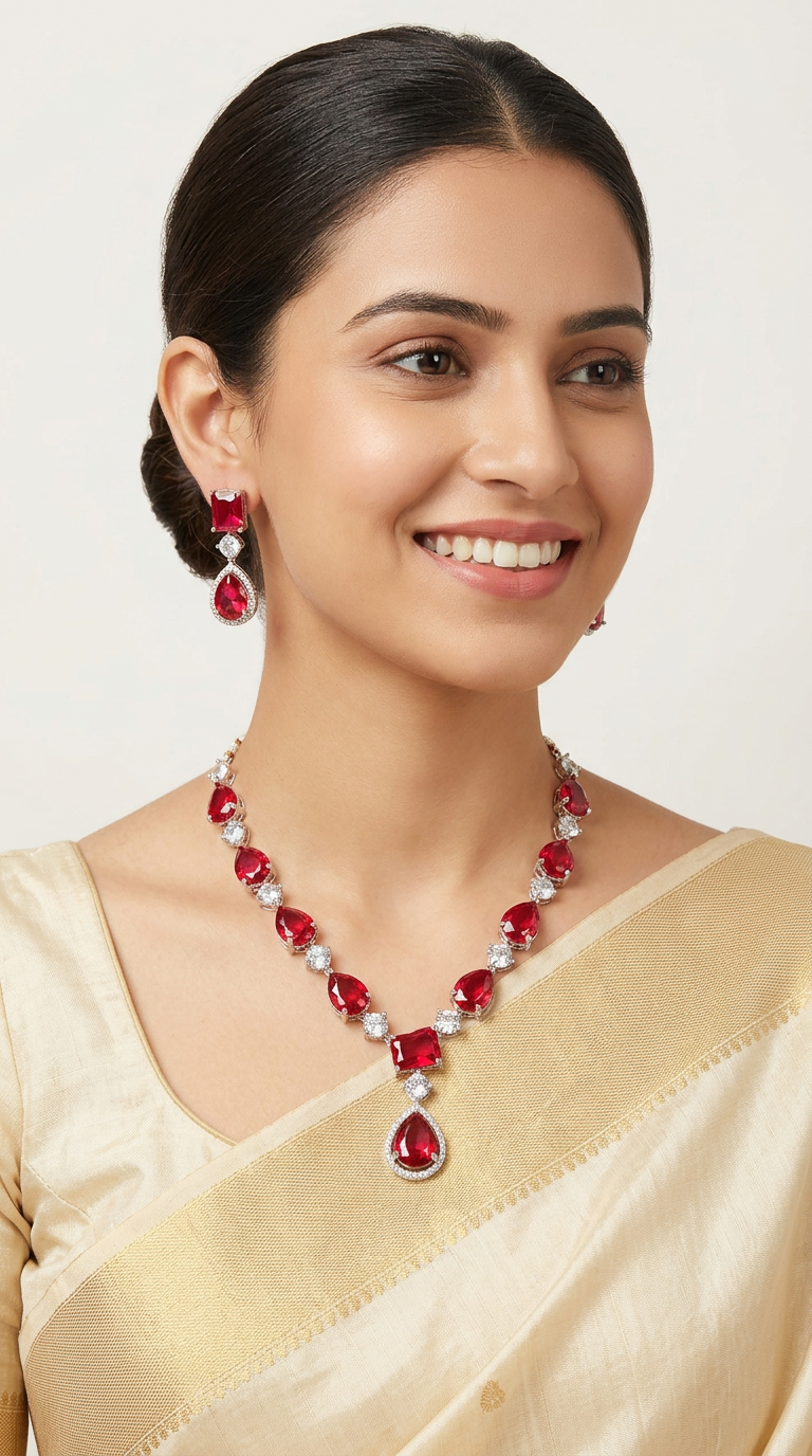 Elegant Red American Diamonds Necklace Set view 2