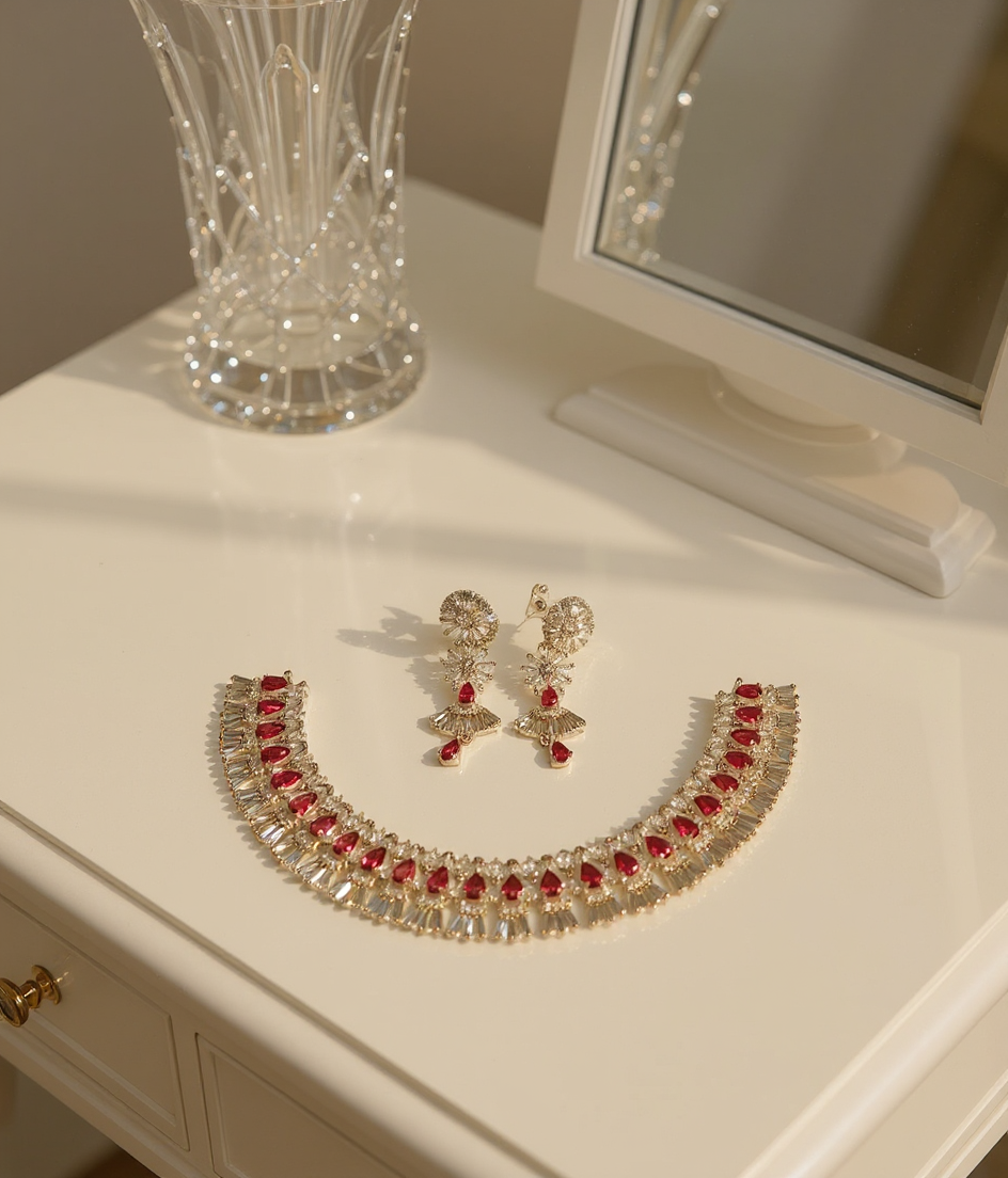 Ruby and American Diamond Necklace Set view 4