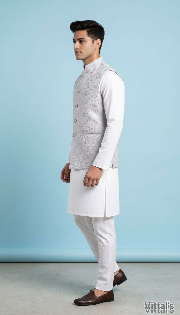 VITTALS MEN'S ETHNIC FLORAL SELF PATTERN JACKET-WHITE view 2