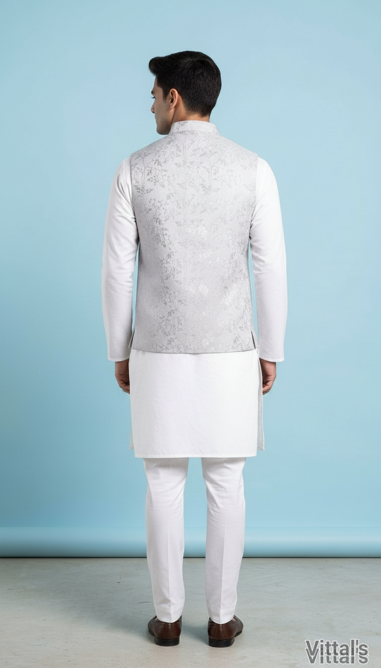 VITTALS MEN'S ETHNIC FLORAL SELF PATTERN JACKET-WHITE view 3