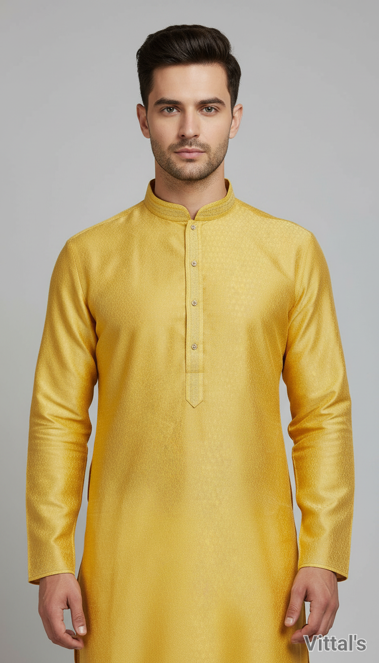 VITTALS MENS SILK KURTA- YELLOW view 3