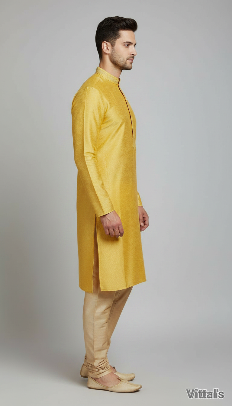 VITTALS MENS SILK KURTA- YELLOW view 2