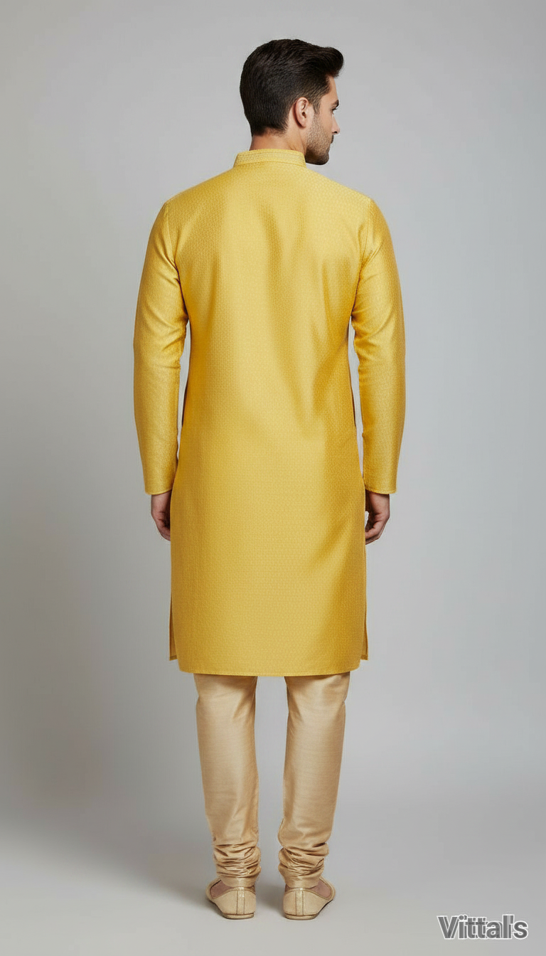 VITTALS MENS SILK KURTA- YELLOW view 4