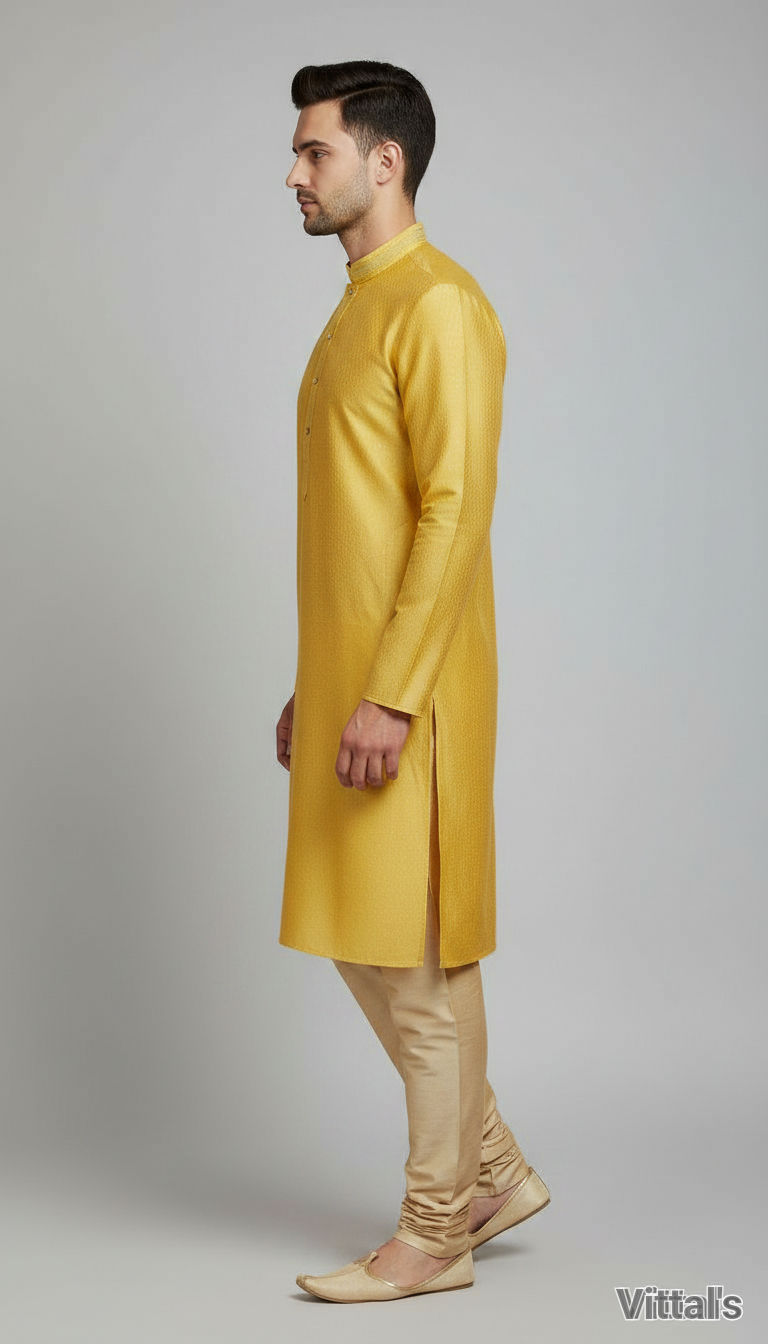 VITTALS MENS SILK KURTA- YELLOW view 5