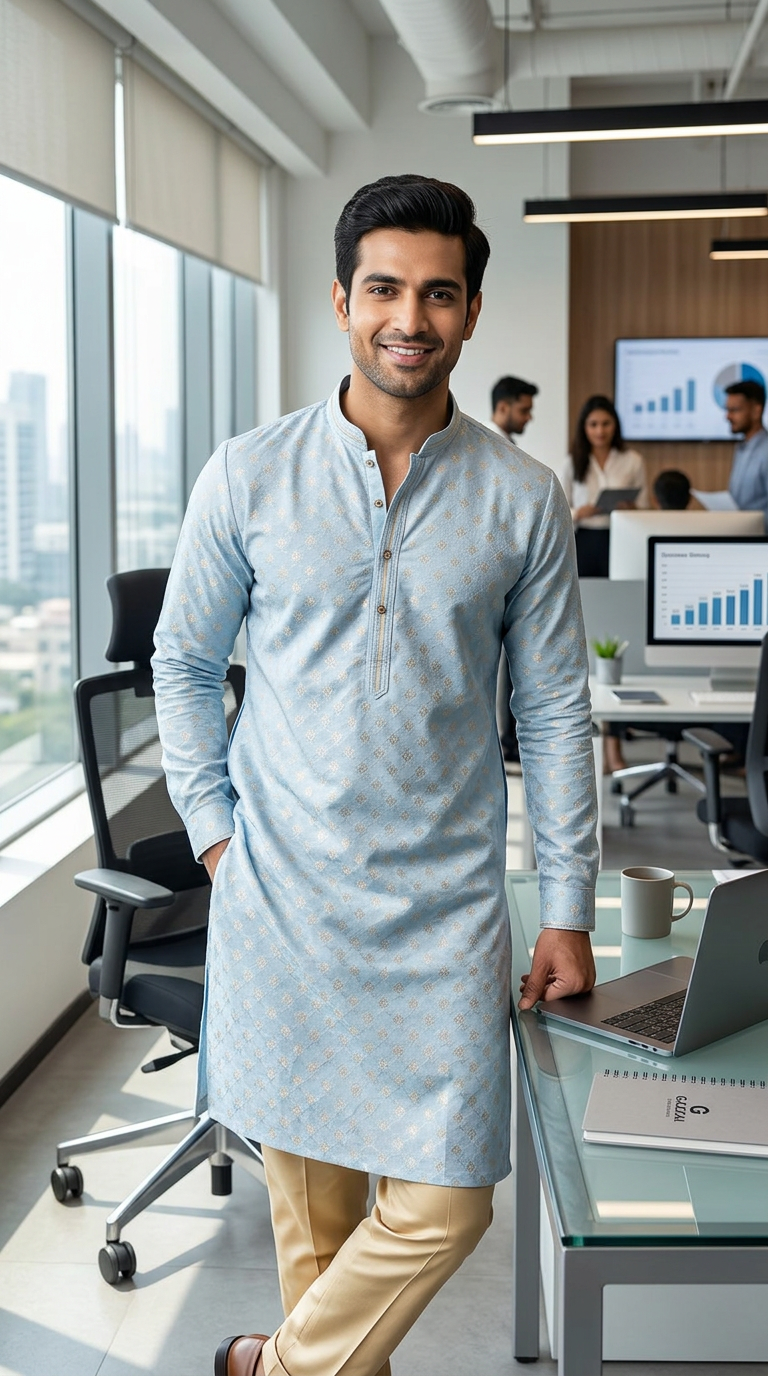 Mens Light Blue Kurta view 5