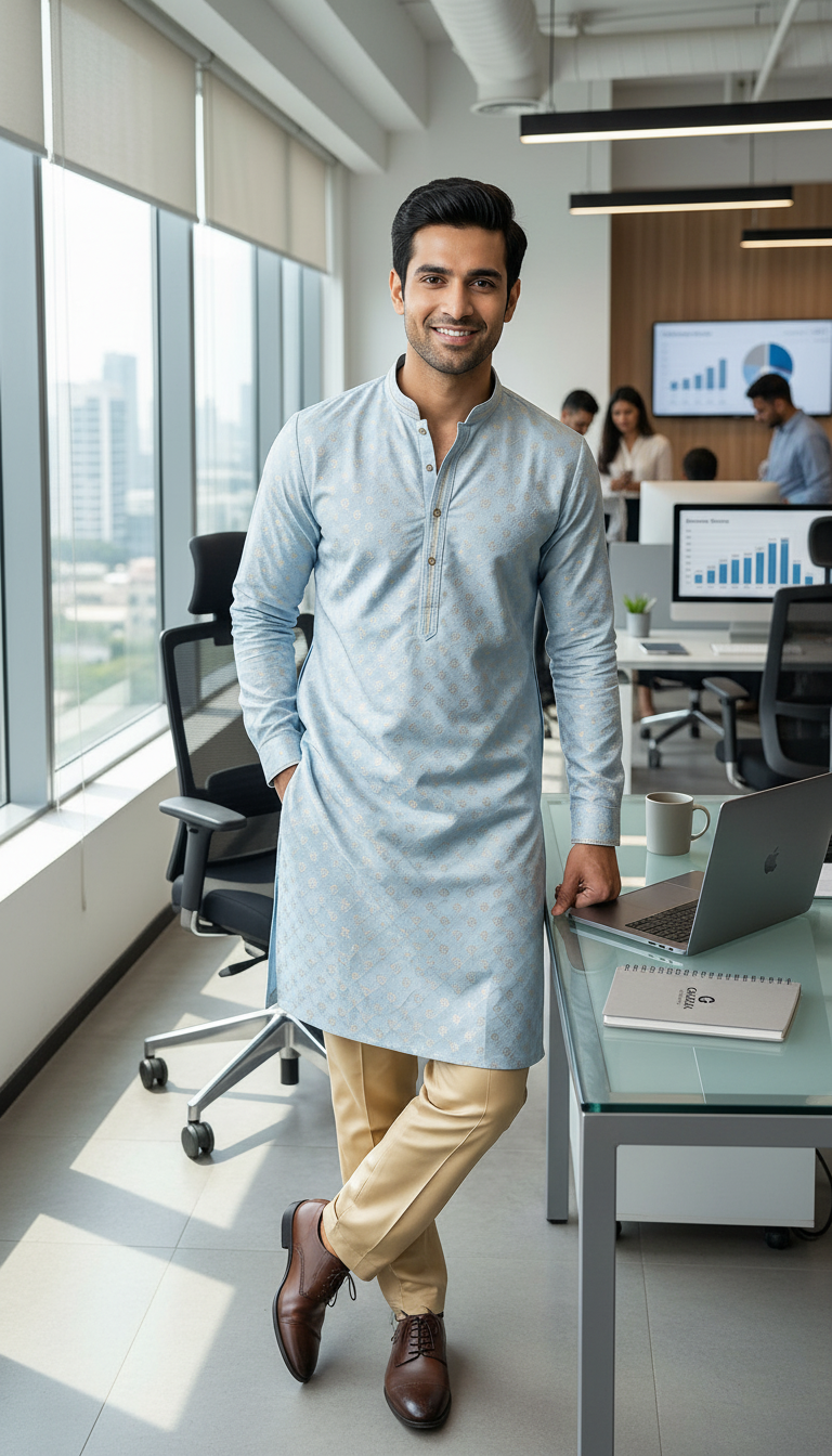 Mens Light Blue Kurta view 3