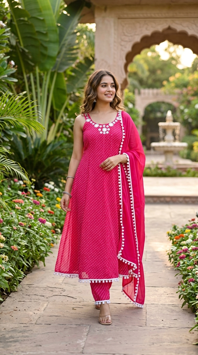 Pink Lehriya  Anarkali Set view 4