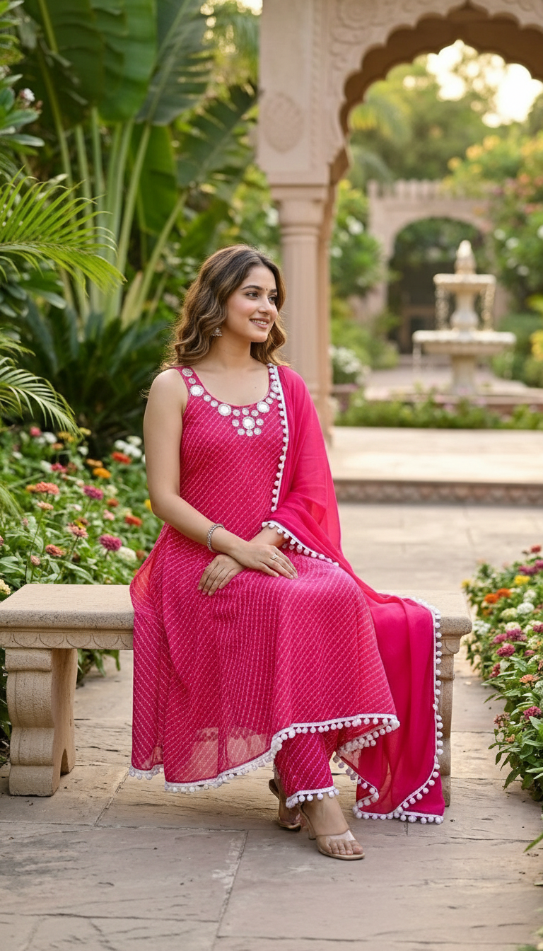 Pink Lehriya  Anarkali Set view 3