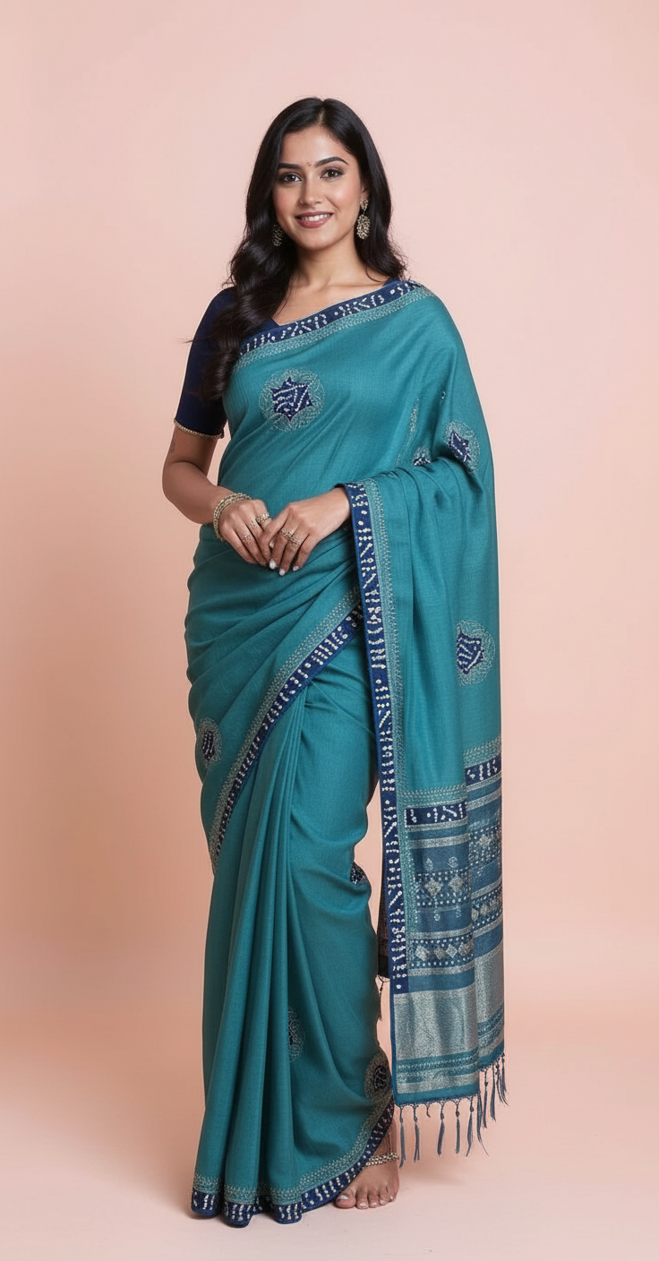 Elegant Textured Saree with Bandhani Border & Subtle Stone Work view 5