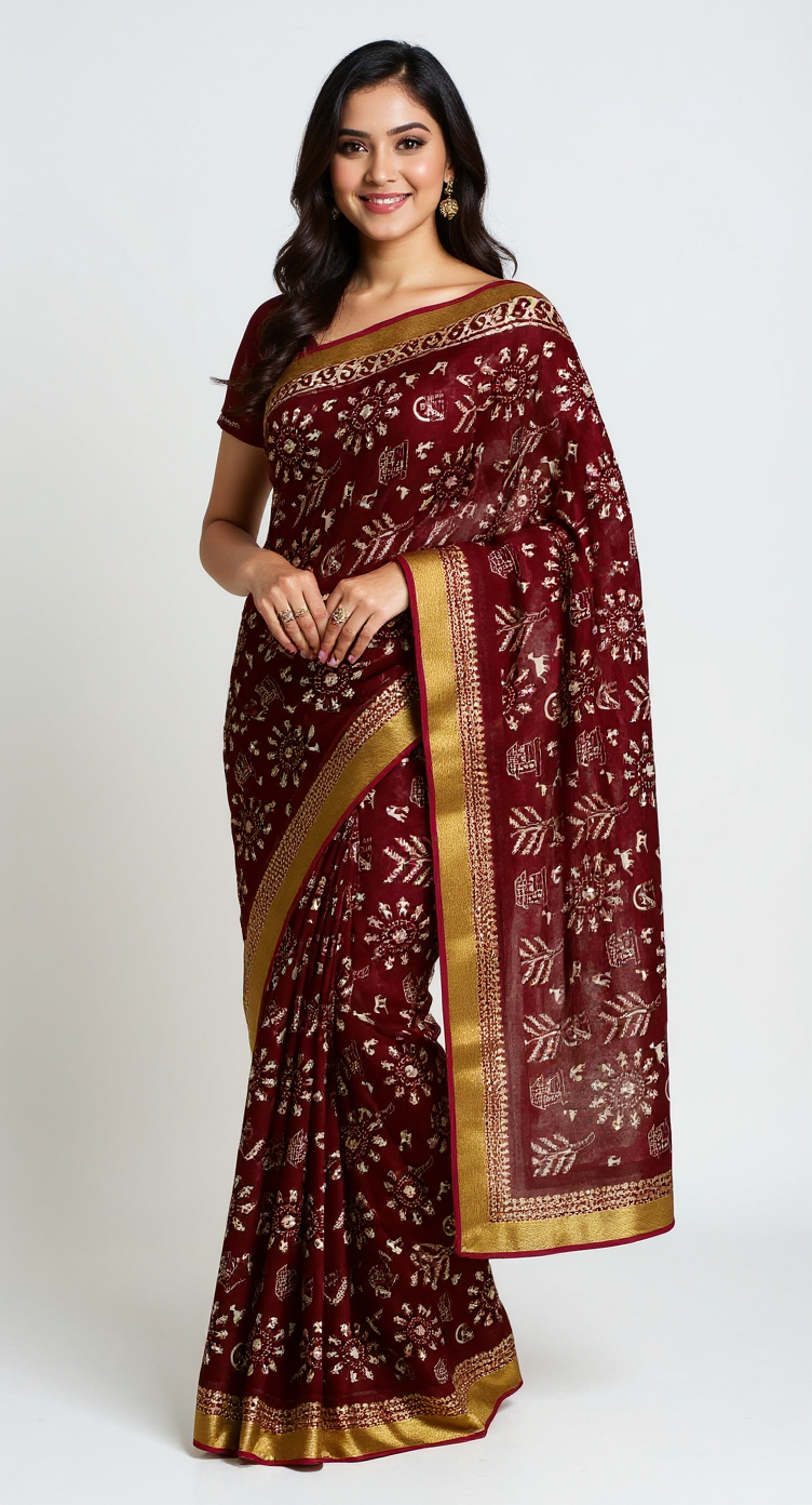Royal Maroon Traditional Print Saree with Elegant Golden Border view 8