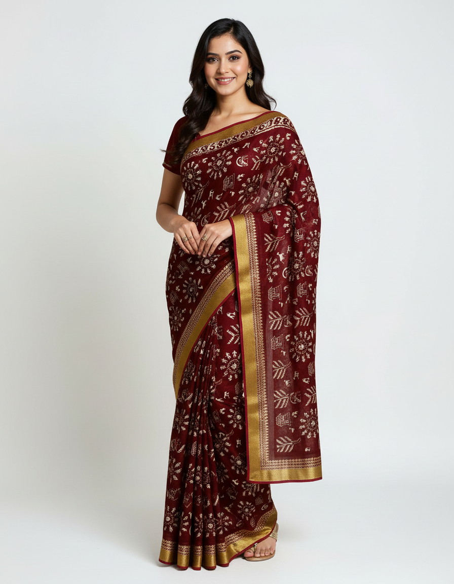 Royal Maroon Traditional Print Saree with Elegant Golden Border view 7