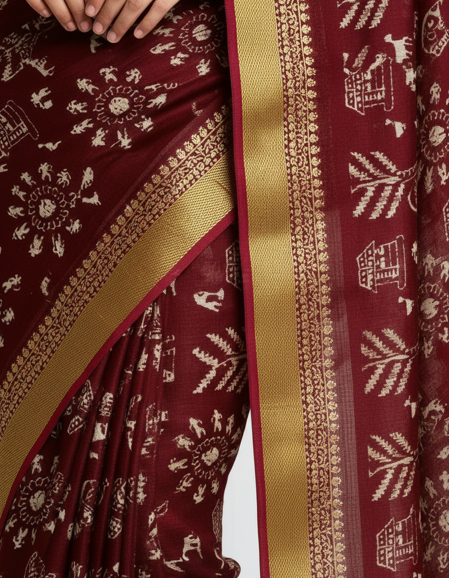 Royal Maroon Traditional Print Saree with Elegant Golden Border view 5
