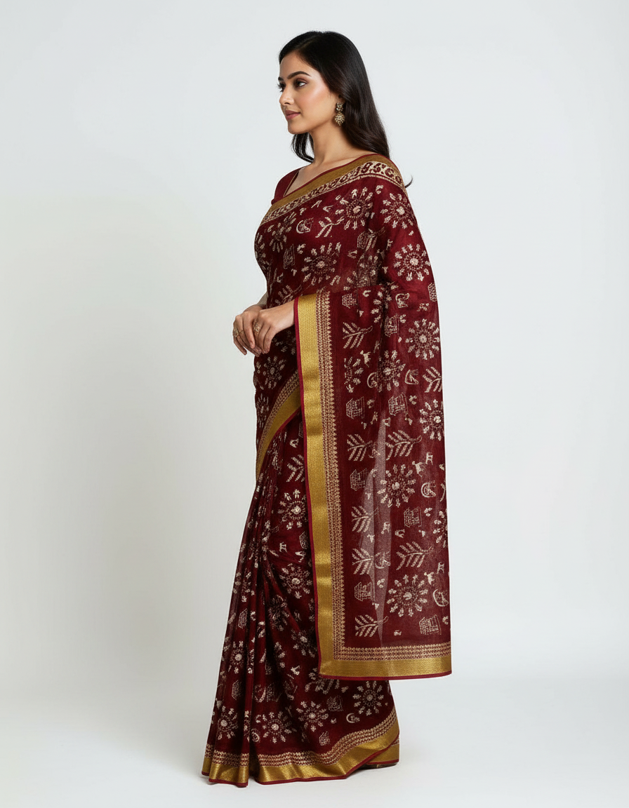 Royal Maroon Traditional Print Saree with Elegant Golden Border view 2