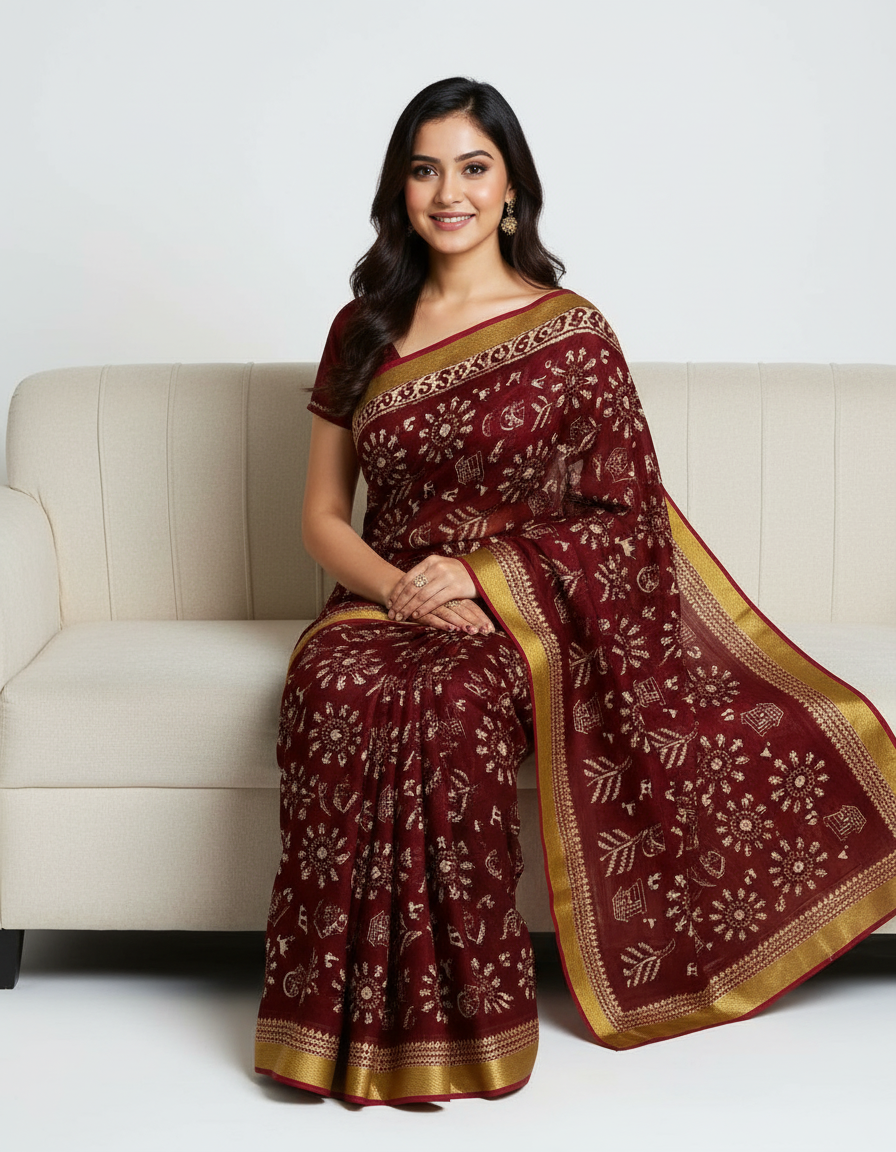 Royal Maroon Traditional Print Saree with Elegant Golden Border view 6