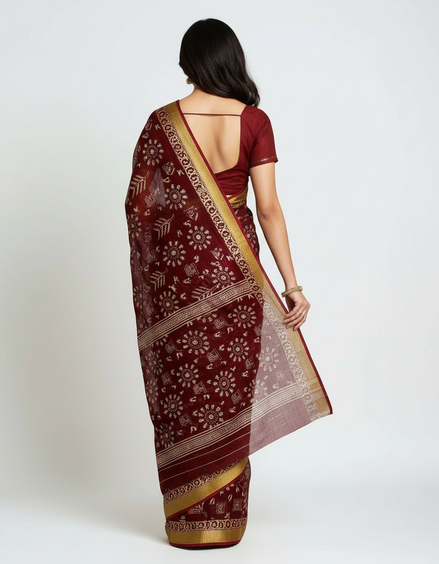 Royal Maroon Traditional Print Saree with Elegant Golden Border view 4