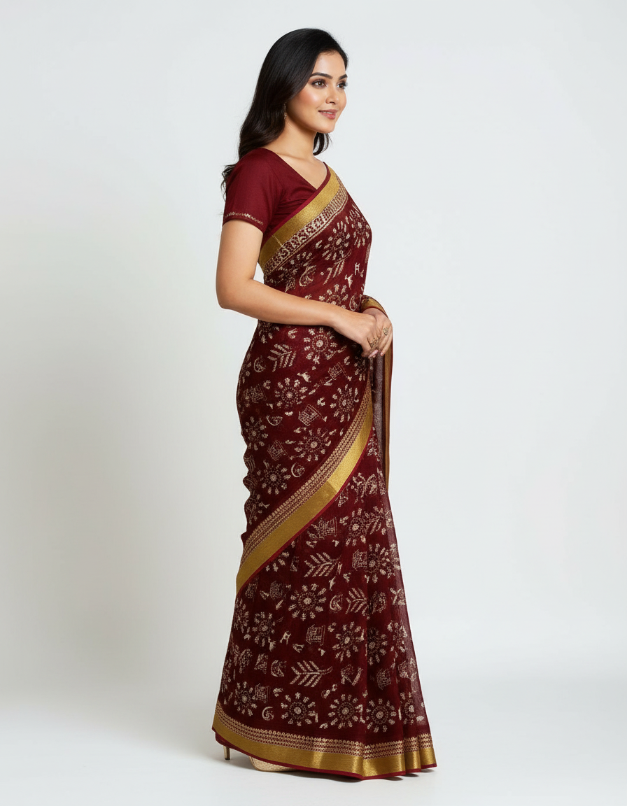 Royal Maroon Traditional Print Saree with Elegant Golden Border view 3