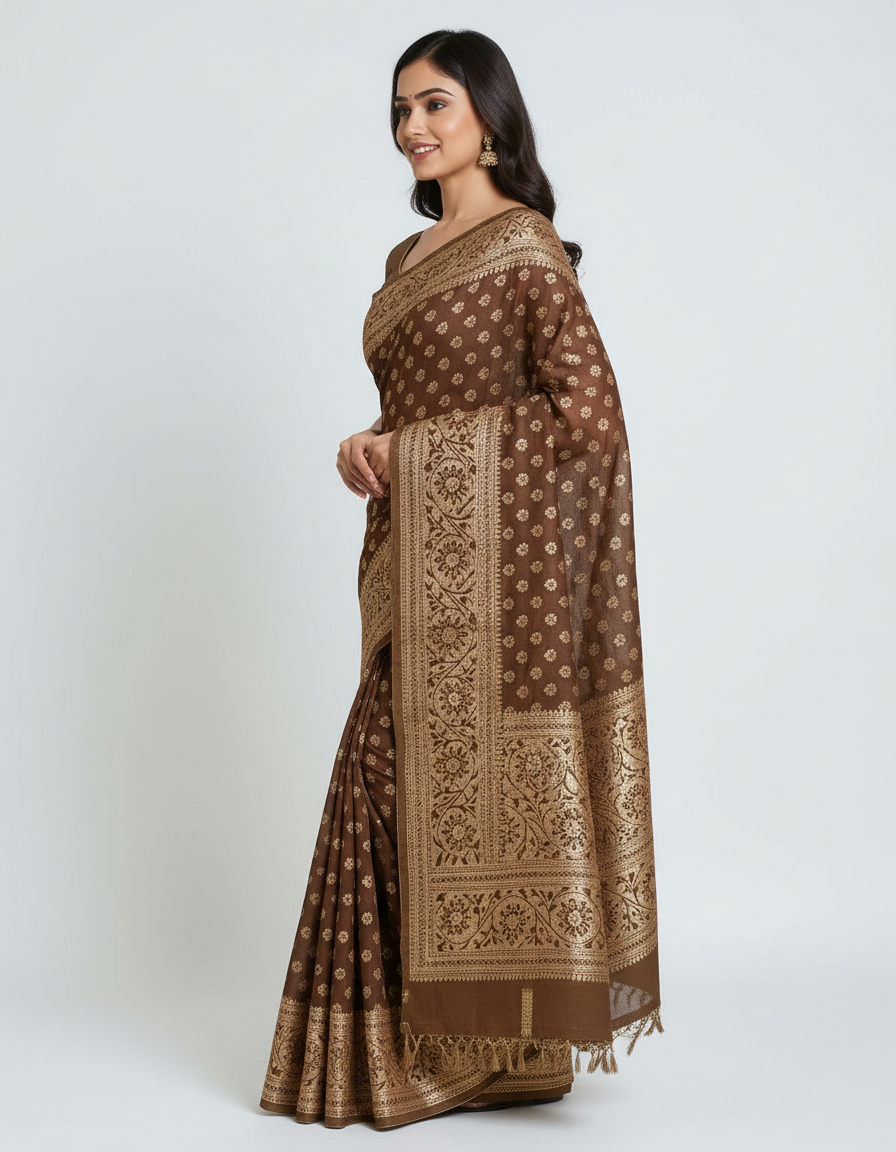 Elegant Brown Woven Saree with Rich Golden Border – Classic Ethnic Charm view 3