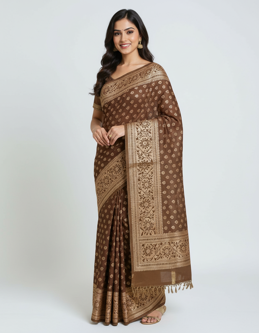 Elegant Brown Woven Saree with Rich Golden Border – Classic Ethnic Charm view 7