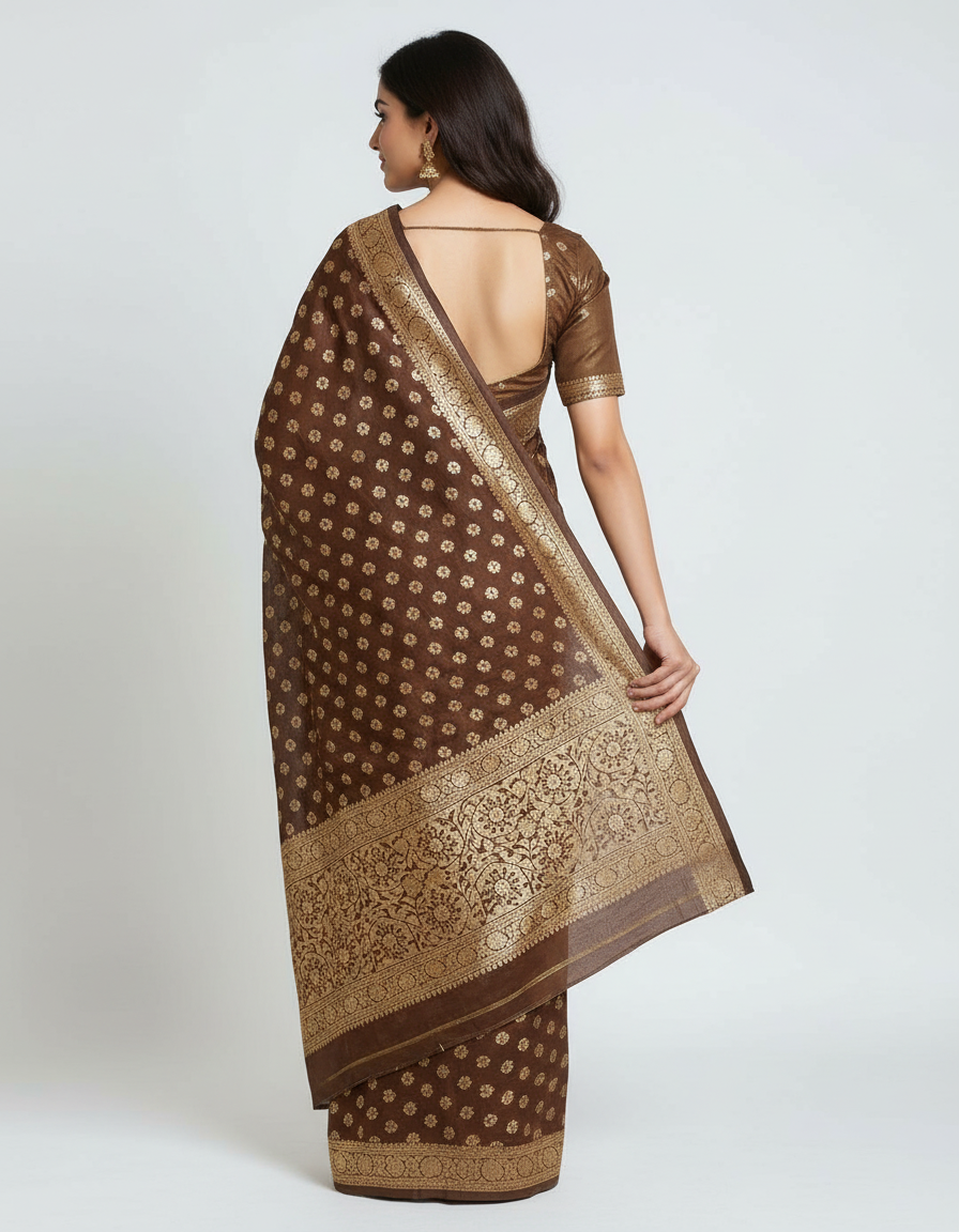 Elegant Brown Woven Saree with Rich Golden Border – Classic Ethnic Charm view 4