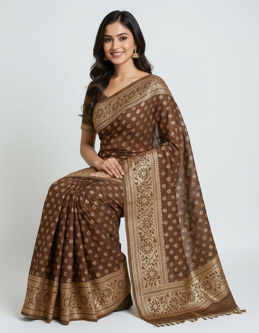Elegant Brown Woven Saree with Rich Golden Border – Classic Ethnic Charm view 6