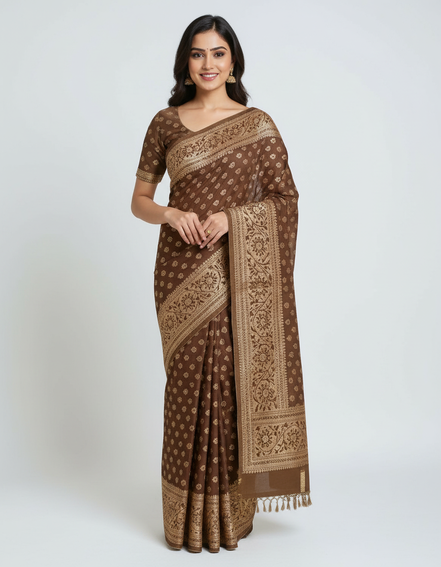 Elegant Brown Woven Saree with Rich Golden Border – Classic Ethnic Charm
