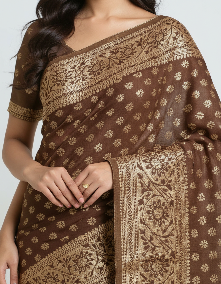 Elegant Brown Woven Saree with Rich Golden Border – Classic Ethnic Charm view 5