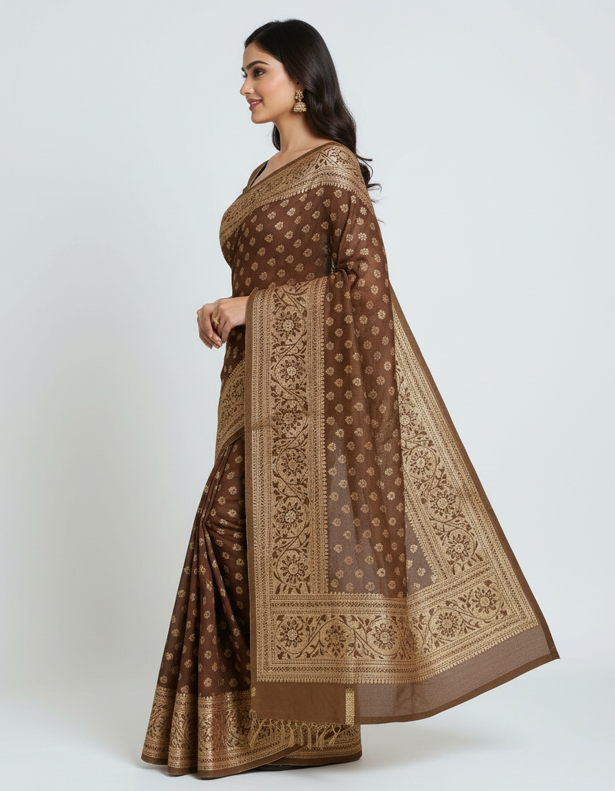 Elegant Brown Woven Saree with Rich Golden Border – Classic Ethnic Charm view 2