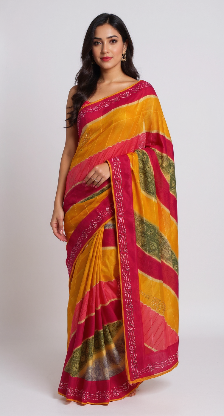 Vibrant Multi-Color Leheriya Chiffon Saree with Sparkling Stone Work view 8