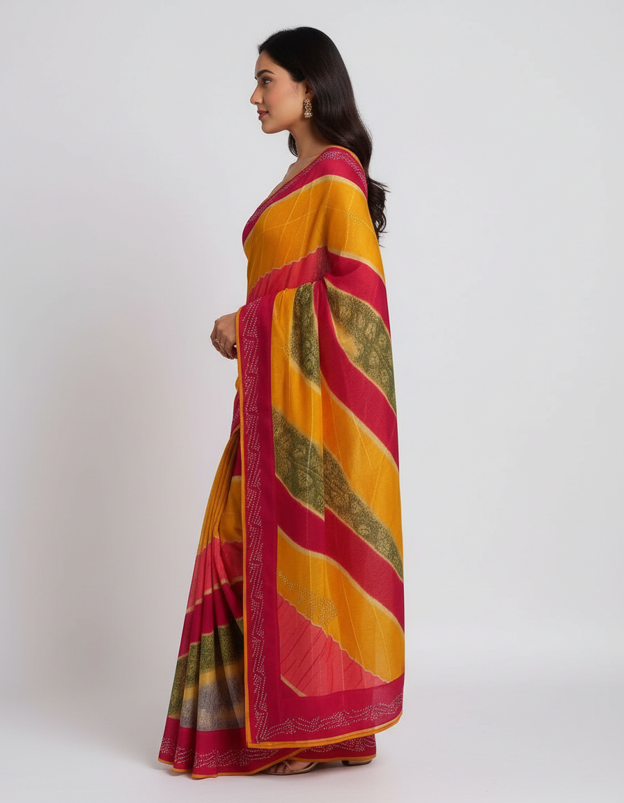 Vibrant Multi-Color Leheriya Chiffon Saree with Sparkling Stone Work view 4
