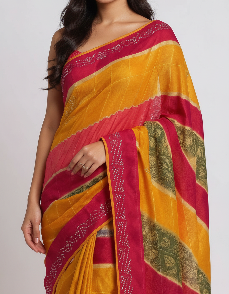 Vibrant Multi-Color Leheriya Chiffon Saree with Sparkling Stone Work view 7