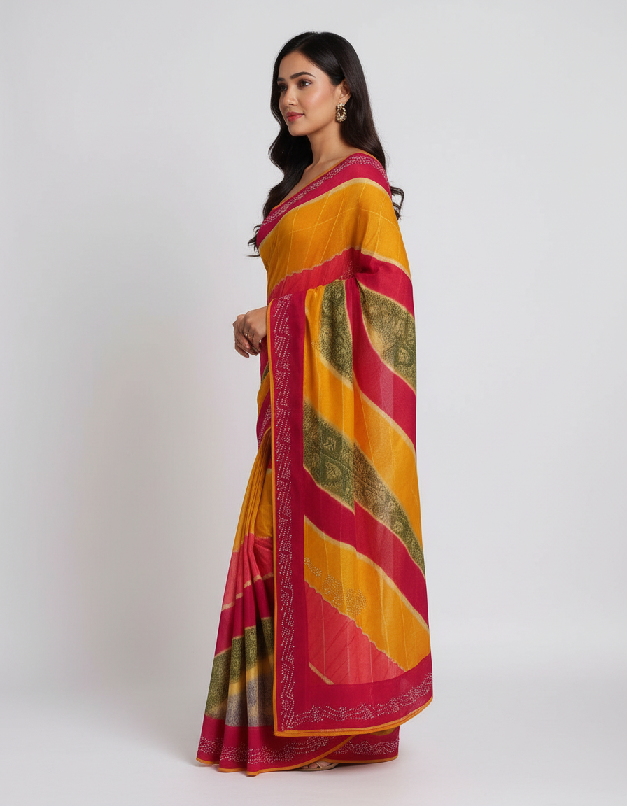 Vibrant Multi-Color Leheriya Chiffon Saree with Sparkling Stone Work view 5