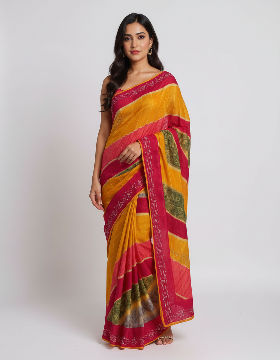 Vibrant Multi-Color Leheriya Chiffon Saree with Sparkling Stone Work view 3