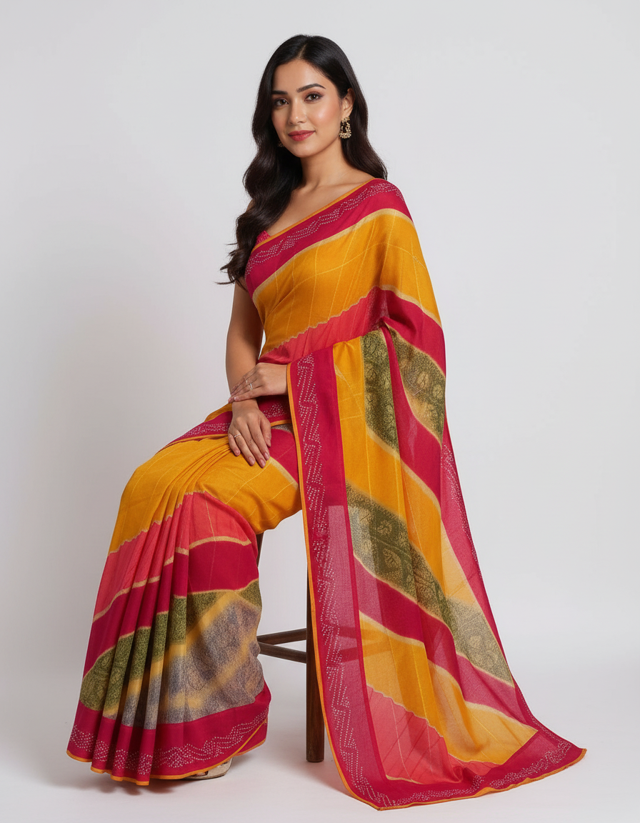 Vibrant Multi-Color Leheriya Chiffon Saree with Sparkling Stone Work view 2