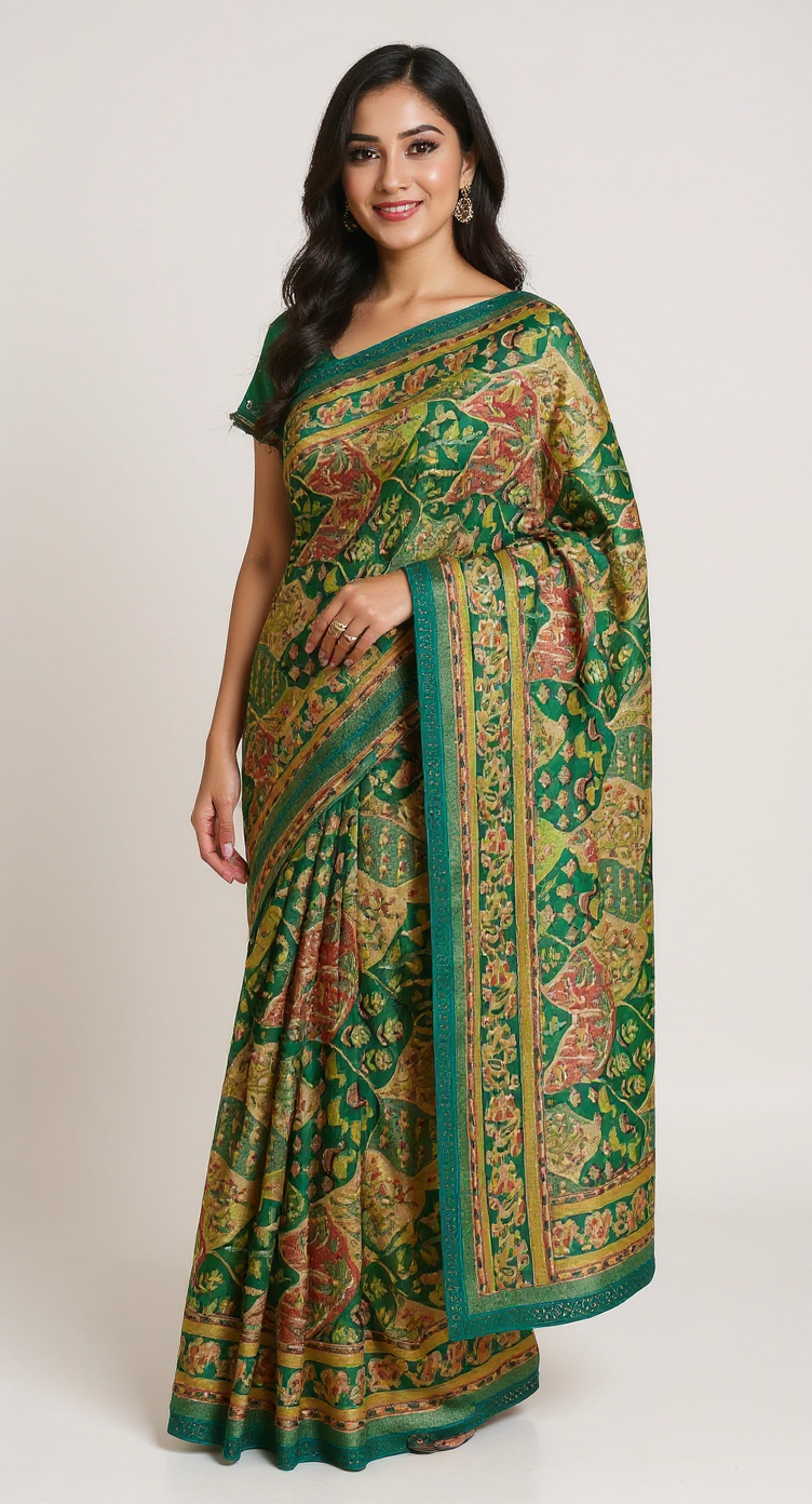 Vintage Charm Kalamkari Print Silk-Blend Saree with Embellished Border view 8