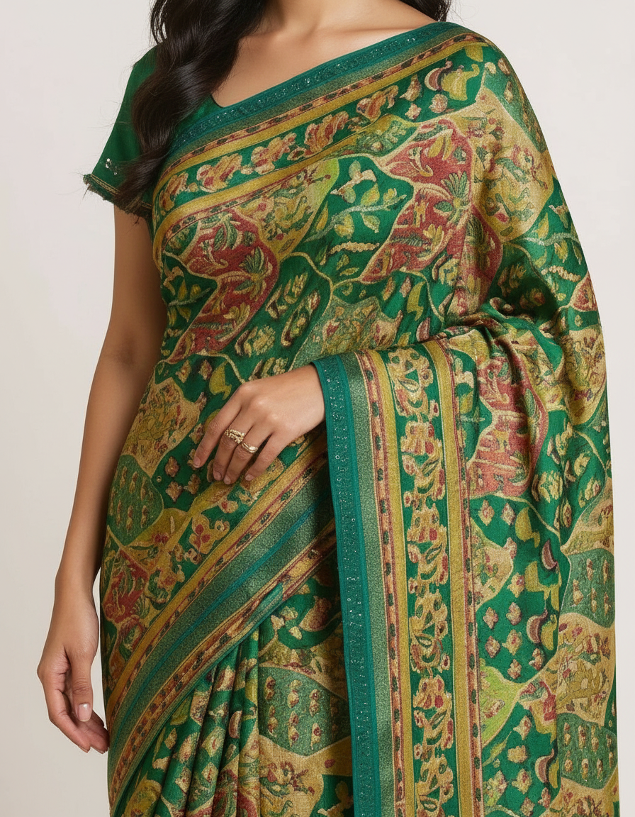 Vintage Charm Kalamkari Print Silk-Blend Saree with Embellished Border view 7