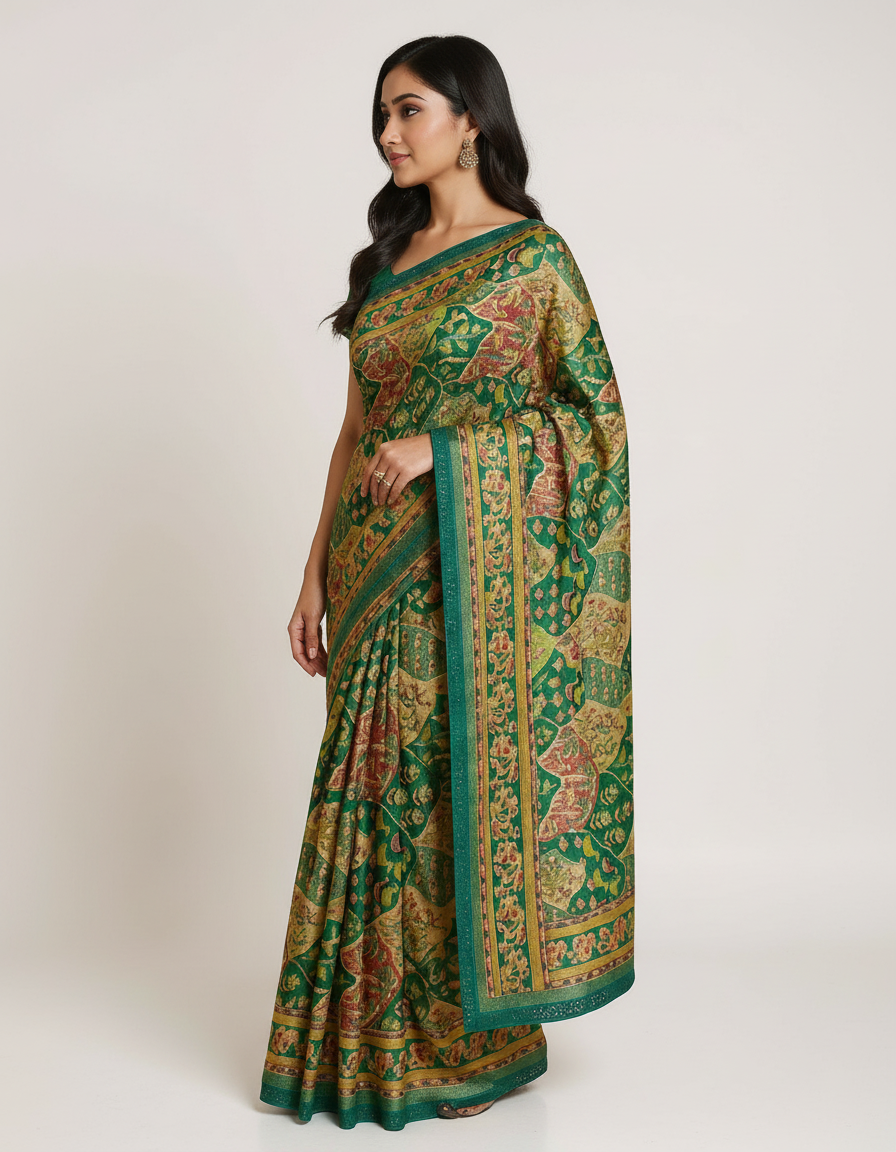 Vintage Charm Kalamkari Print Silk-Blend Saree with Embellished Border view 4