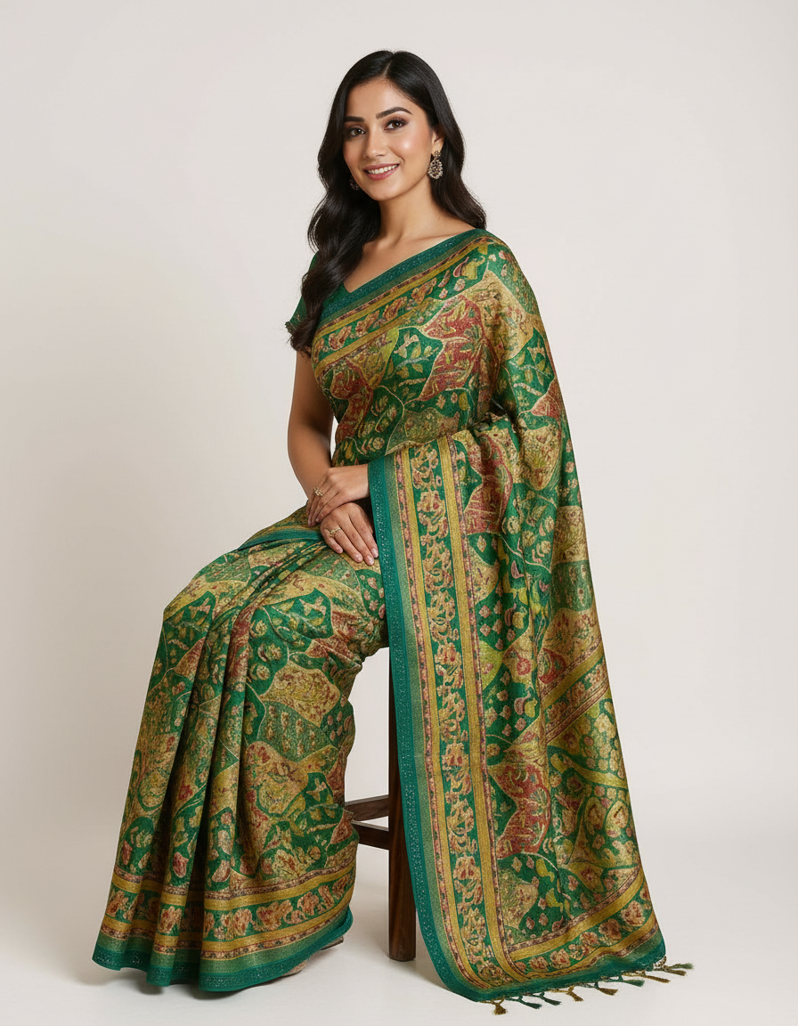Vintage Charm Kalamkari Print Silk-Blend Saree with Embellished Border view 3