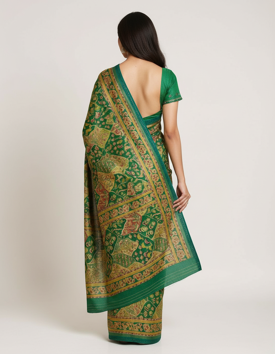 Vintage Charm Kalamkari Print Silk-Blend Saree with Embellished Border view 6