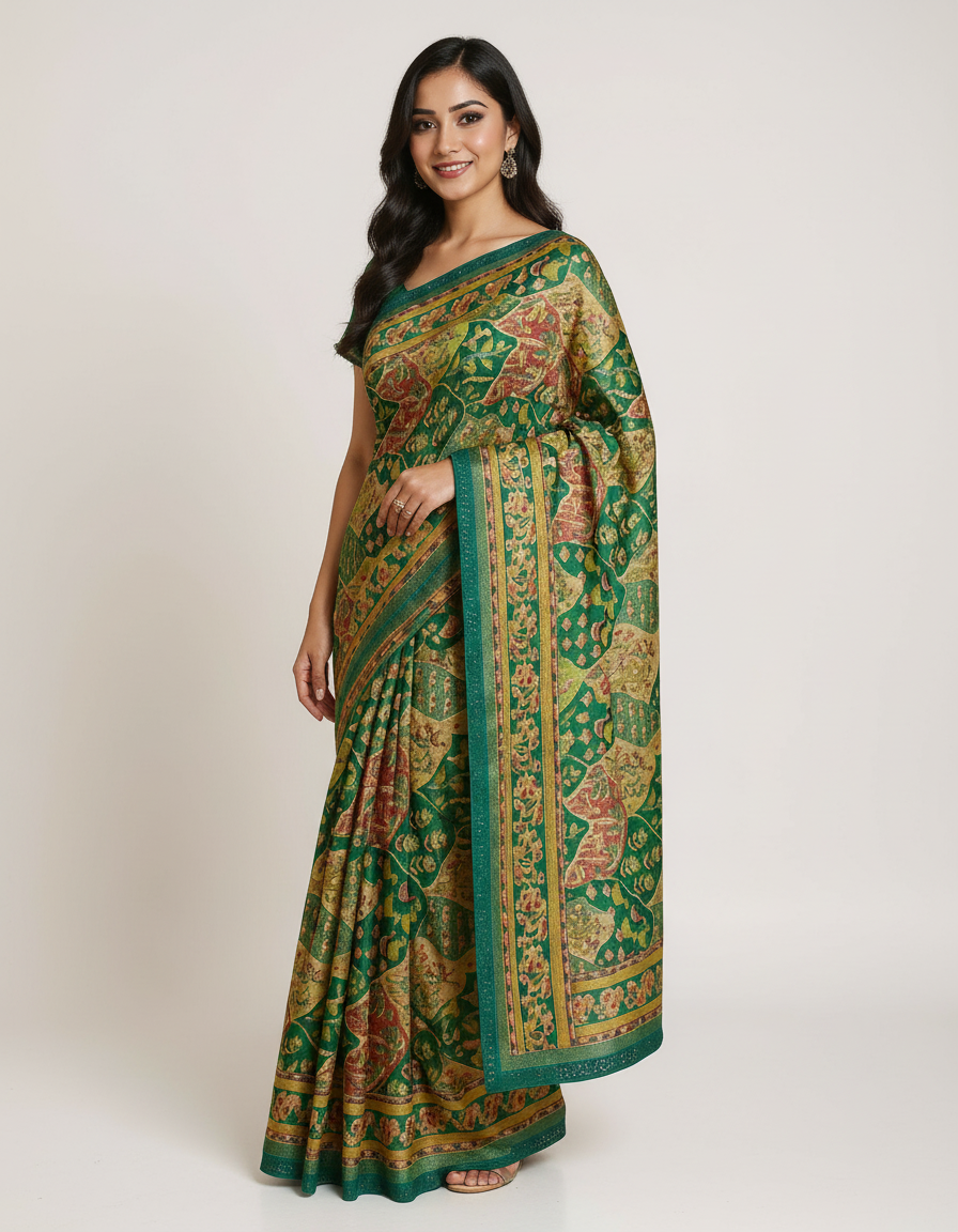 Vintage Charm Kalamkari Print Silk-Blend Saree with Embellished Border view 2