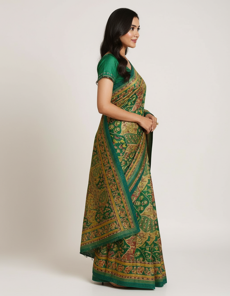 Vintage Charm Kalamkari Print Silk-Blend Saree with Embellished Border view 5