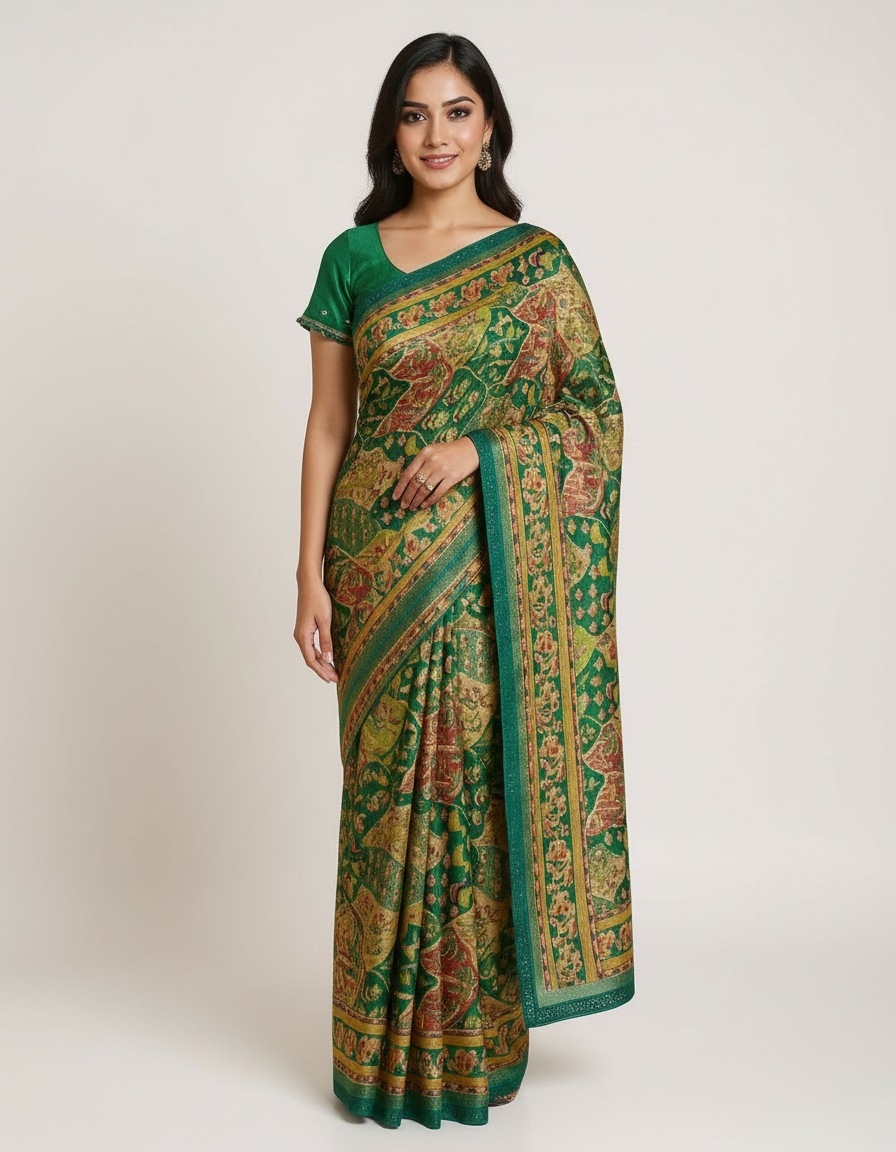 Vintage Charm Kalamkari Print Silk-Blend Saree with Embellished Border