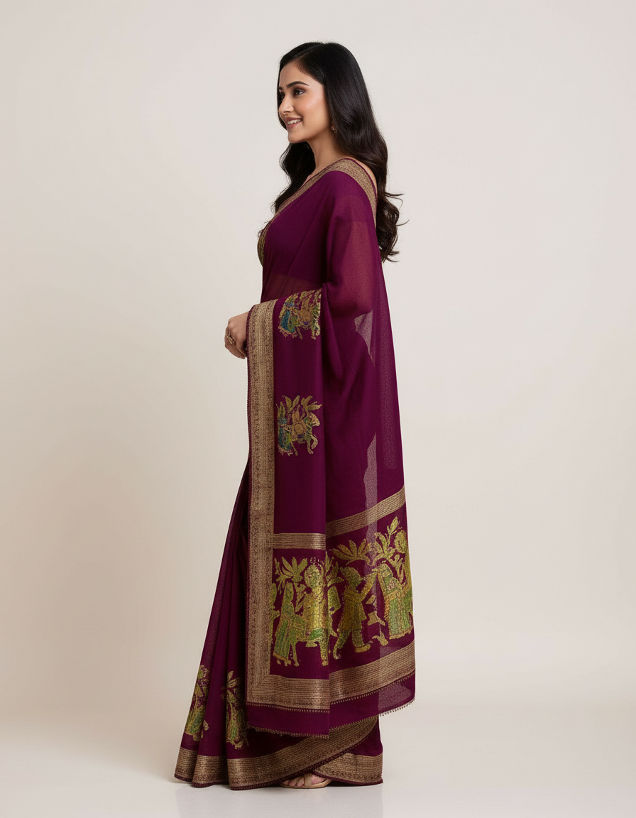 Radiant Leheriya Chiffon Saree – Festive Colors with Shimmering Stone Accents view 4
