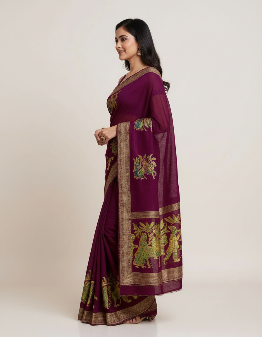 Radiant Leheriya Chiffon Saree – Festive Colors with Shimmering Stone Accents view 2