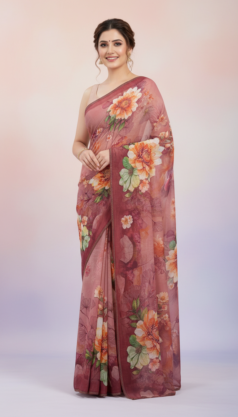 Artisanal Heritage Saree – Intricate Mosaic Prints with Shimmering Stone Borders view 8