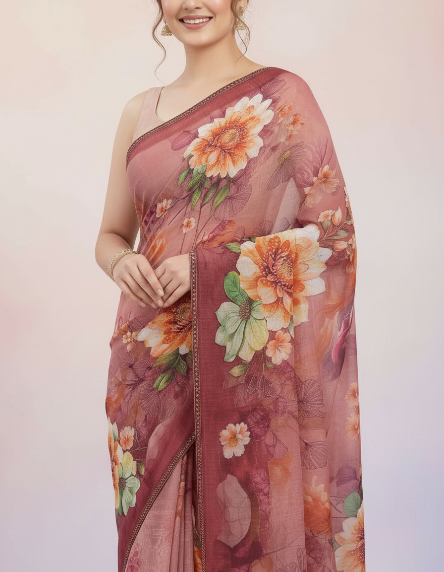 Artisanal Heritage Saree – Intricate Mosaic Prints with Shimmering Stone Borders view 5
