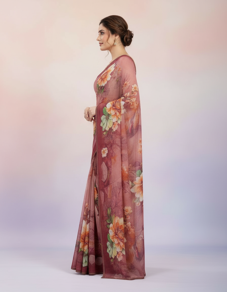 Artisanal Heritage Saree – Intricate Mosaic Prints with Shimmering Stone Borders view 2
