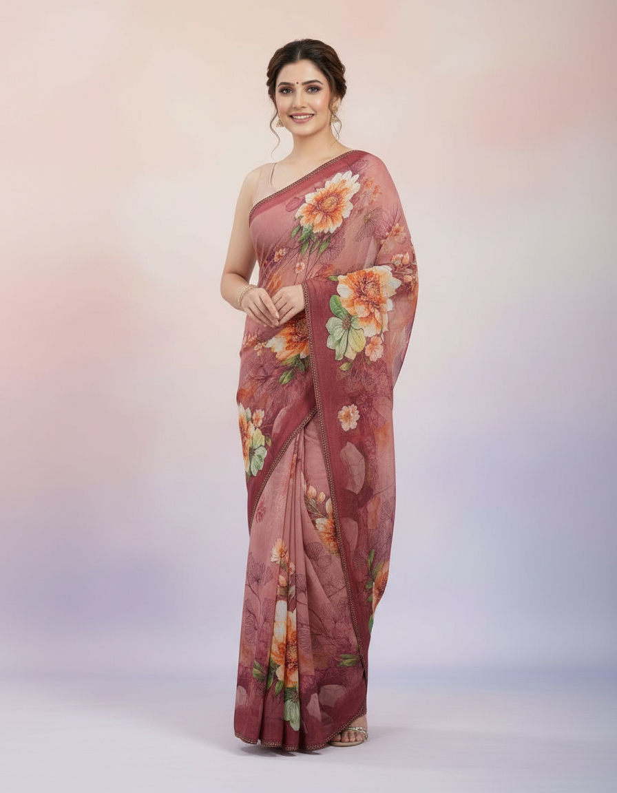 Artisanal Heritage Saree – Intricate Mosaic Prints with Shimmering Stone Borders view 6