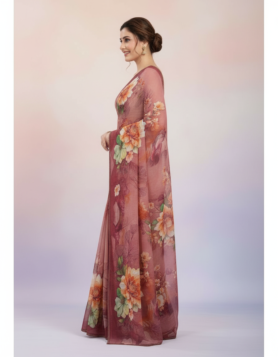 Artisanal Heritage Saree – Intricate Mosaic Prints with Shimmering Stone Borders view 3