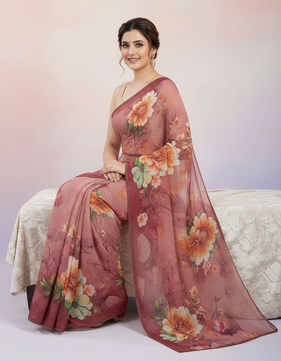 Artisanal Heritage Saree – Intricate Mosaic Prints with Shimmering Stone Borders view 7